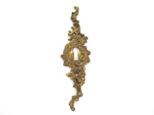 Ornate brass escutcheon, cabinet hardware, furniture applique.