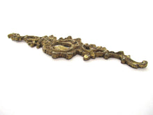 Ornate brass escutcheon, cabinet hardware, furniture applique.