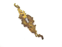 Ornate brass escutcheon, cabinet hardware, furniture applique.