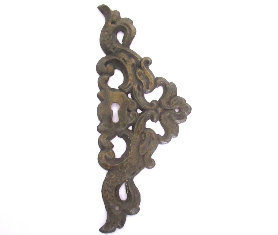 Vintage Brass Dragon Fish Escutcheon. Keyhole Cover, Furniture applique, cabinet hardware.