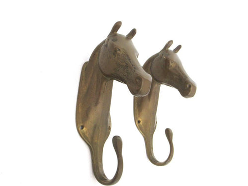 Set of 2 Solid Brass Horse Head Wall hooks, Coat hooks, Hanger, horse head.