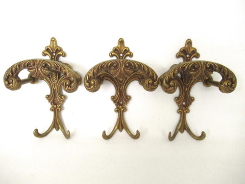 Set of 3 Wall hooks, Brass Ornate Victorian style hooks.