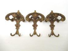 Set of 3 Wall hooks, Brass Ornate Victorian style hooks.