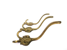 Set of 3 Solid Brass Ornate Victorian style wall hooks. Vintage Coat hooks.