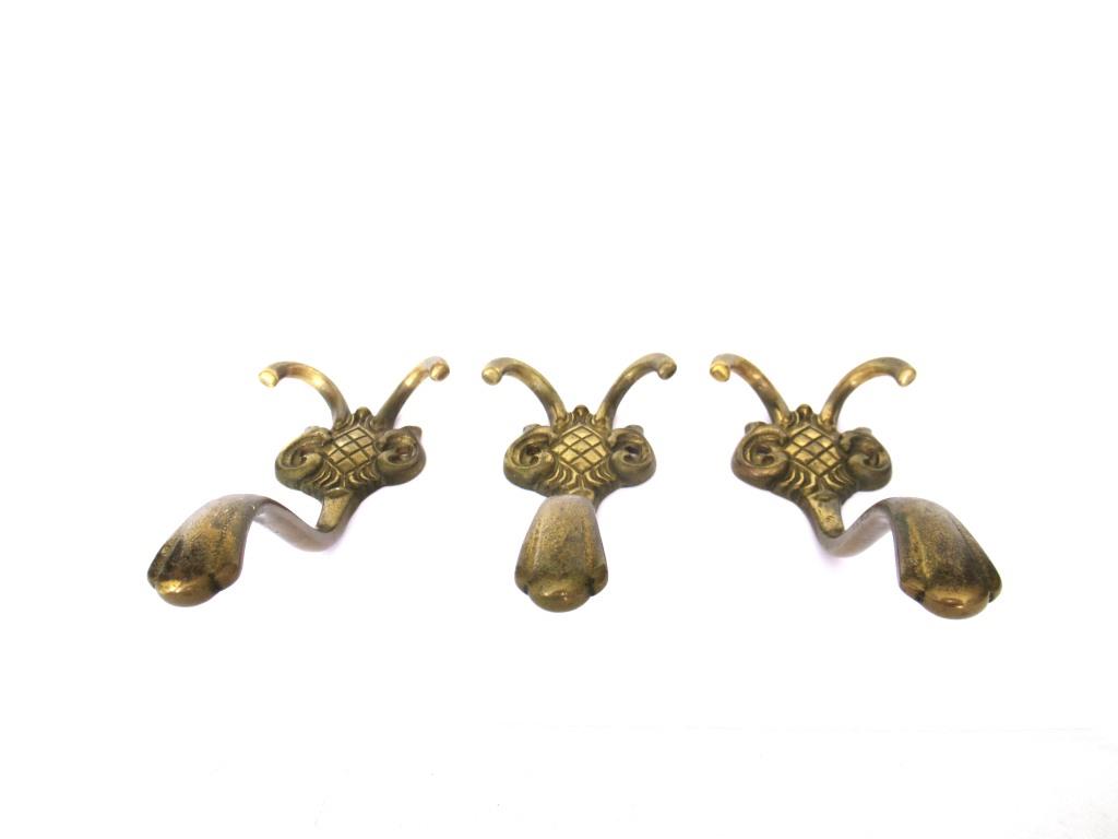Set of 3 Solid Brass Ornate Victorian style wall hooks. Vintage