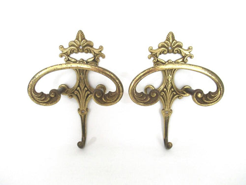 Set of 2 Wall hooks, Brass Ornate Victorian style hooks.
