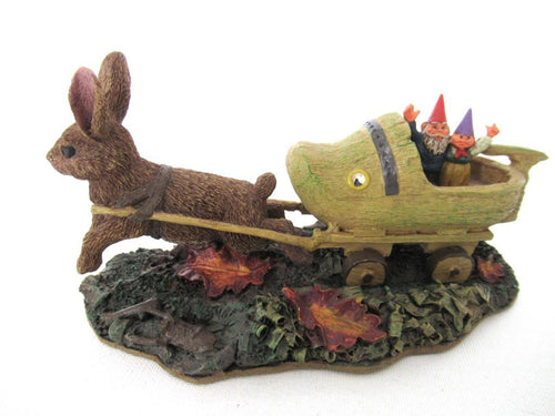 Gnome figurine 'Sailing away' David the Gnome, Rien poortvliet, wooden shoe, rabbit.
