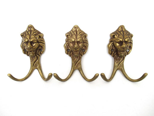 Set of 3 Brass Lion Head Coat hooks, Solid Brass.