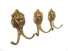 Set of 3 Brass Lion Head Coat hooks, Solid Brass.
