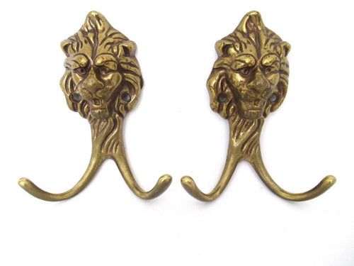 Set of 2 Brass Lion Head Coat hooks, Solid Brass.