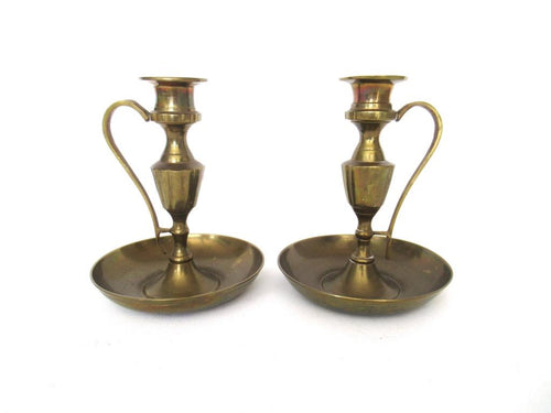 Set of 2 Brass Candle Holders with handle - Candlestick.