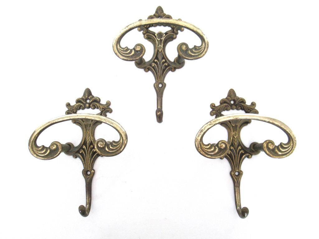 Set of 3 Wall hooks, Brass Ornate Victorian style hooks.