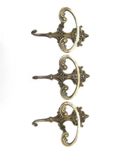 Set of 3 Wall hooks, Brass Ornate Victorian style hooks.