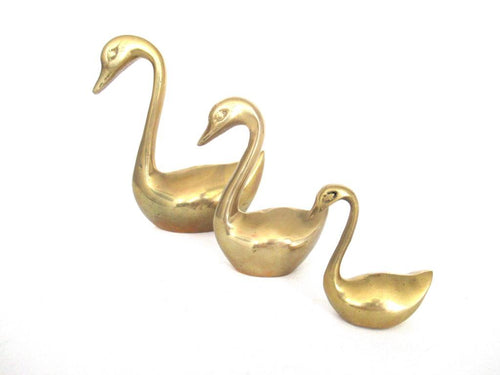 Set of 3 Vintage Solid Brass Swans.