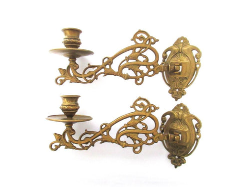 Pair Vintage Solid Brass Piano Candelabra, Set piano candle holders, candle wall sconce.