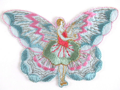 UpperDutch:Applique,Authentic Antique Silk on Cotton Fairy Butterfly Applique. Flapper girl Fairy, Vintage patch, sewing supply, crazy quilt.