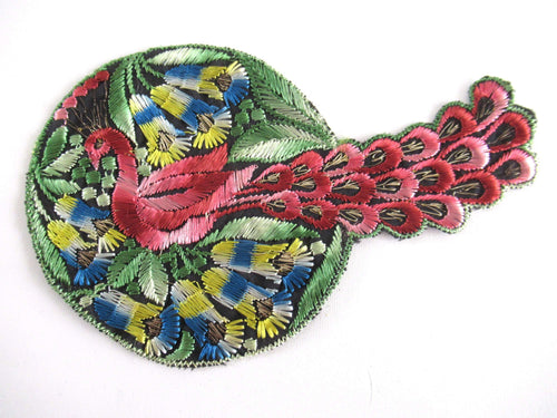 UpperDutch:Applique,Authentic Antique Silk Peacock applique, application, patch. Crazy Quilt, sewing supply.