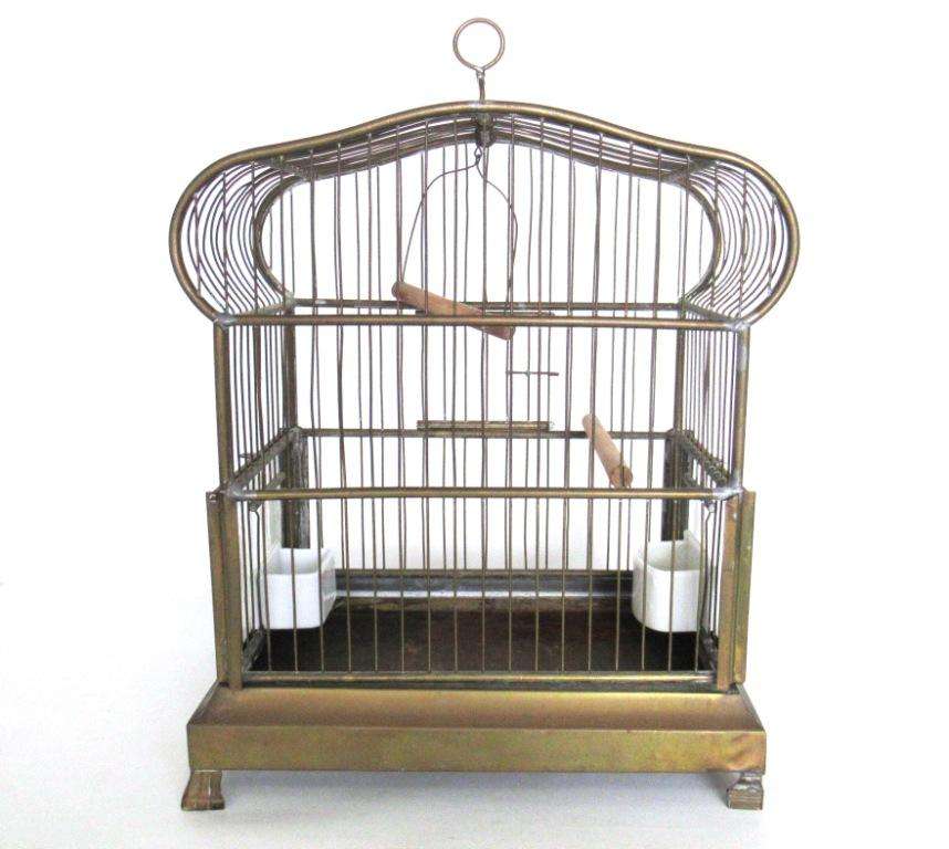 Antique German Bird Cage with porcelain feeders and glass panels