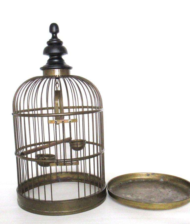 RARE Antique Genykage England Solid Brass Bird Cage with Porcelain