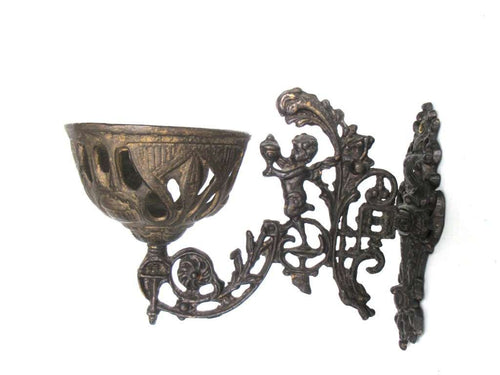 UpperDutch:,Antique Oil Lamp Holder with Bracket, Wall Mount Sconce, Candle Wall Sconce. Putti, Old lighting, antique decor, candle holder.