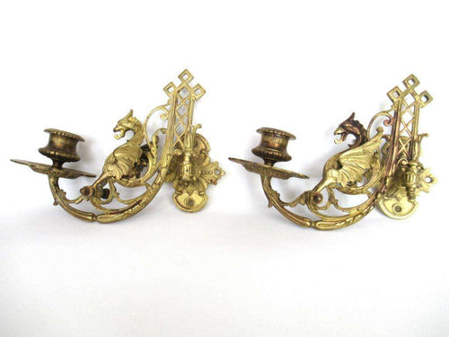 UpperDutch:Candelabra,Pair Antique Solid Brass Victorian Griffin Piano Candelabra / piano candle holder.