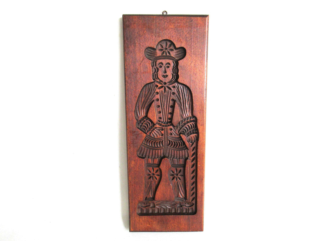 UpperDutch:,Bakery decoration, Wooden Dutch Folk Art Cookie Mold. Antique. Dutch wood carved man with hat and cane. Spiced cookie springerle.