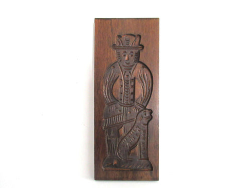 UpperDutch:,Wooden cookie mold Dutch Folk Art Cookie Mold. speculaas plank, springerle, men with dog.