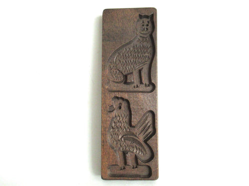 UpperDutch:,Wooden cookie mold,  Dutch Folk Art, speculaas plank, springerle, Cat, Rooster.