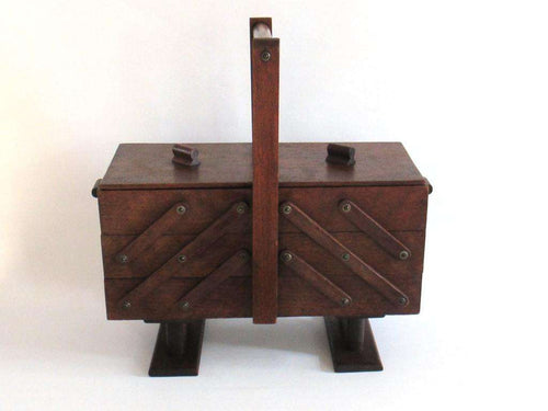 UpperDutch:Furniture,Sewing chest, Antique Wooden Sewing Box on legs. Storage box for sewing supplies or jewelry. Cantilever sewing box.
