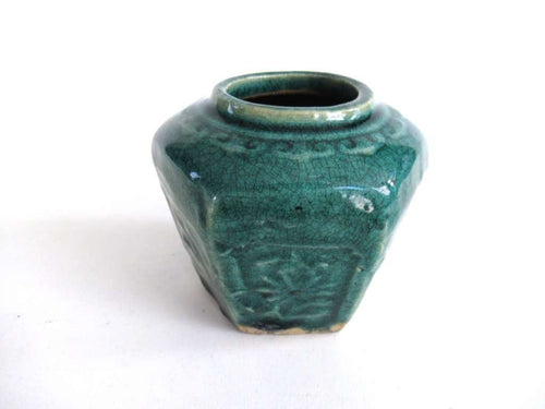 UpperDutch:,Vintage Green Glazed Ginger Jar Collectible pottery.