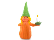 UpperDutch:,1 (ONE) Gnome figurine, Gnome after a design by Rien Poortvliet, Brb Gnome holding candle, Lisa the Gnome. Orange Pajamas