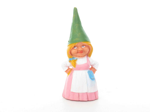 UpperDutch:,1 (ONE) Gnome figurine, Gnome after a design by Rien Poortvliet, Brb Gnome, Lisa the Gnome. Pink dress.