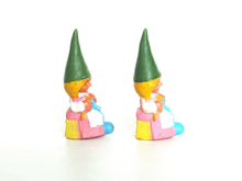UpperDutch:,1 (ONE) Gnome figurine, Gnome after a design by Rien Poortvliet, Brb Knitting Gnome, Lisa the Gnome. Pink dress, blue whool.