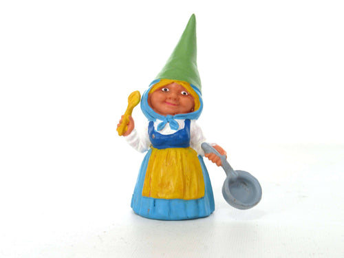 UpperDutch:,1 (ONE) Gnome figurine in Blue dress after a design by Rien Poortvliet, Brb Gnome cooking, Lisa the Gnome with cooking pan.