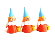 UpperDutch:,1 (ONE) Gnome figurine in orange dress, Gnome after a design by Rien Poortvliet, Brb Gnome, Lisa the Gnome carrying a bucket.