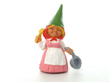 UpperDutch:,1 (ONE) Gnome figurine in Pink dress after a design by Rien Poortvliet, Brb Gnome cooking, Lisa the Gnome with cooking pan.