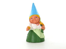 UpperDutch:,1 (ONE) Gnome with flowers figurine in green dress, Gnome after a design by Rien Poortvliet, Brb Gnome.