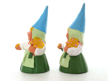 UpperDutch:,1 (ONE) Gnome with flowers figurine in green dress, Gnome after a design by Rien Poortvliet, Brb Gnome.