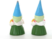 UpperDutch:,1 (ONE) Gnome with flowers figurine in green dress, Gnome after a design by Rien Poortvliet, Brb Gnome.