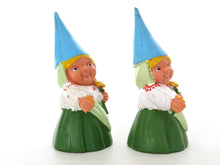 UpperDutch:,1 (ONE) Gnome with flowers figurine in green dress, Gnome after a design by Rien Poortvliet, Brb Gnome.
