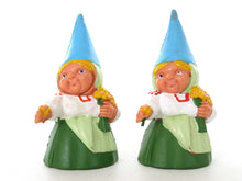 UpperDutch:,1 (ONE) Gnome with flowers figurine in green dress, Gnome after a design by Rien Poortvliet, Brb Gnome.