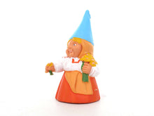 UpperDutch:,1 (ONE) Gnome with flowers figurine in orange dress, Gnome after a design by Rien Poortvliet, Brb Gnome.