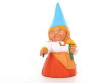 UpperDutch:,1 (ONE) Gnome with flowers figurine in orange dress, Gnome after a design by Rien Poortvliet, Brb Gnome.