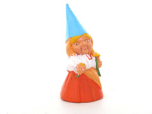 UpperDutch:,1 (ONE) Gnome with flowers figurine in orange dress, Gnome after a design by Rien Poortvliet, Brb Gnome.