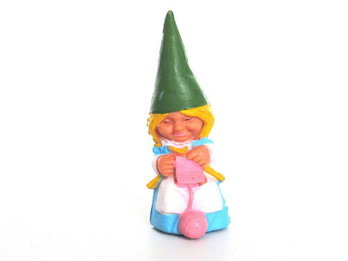 UpperDutch:,1 (ONE) Knitting Gnome figurine, Gnome after a design by Rien Poortvliet, Brb. Lisa the Gnome. Blue dress, pink wool.