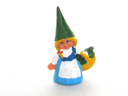 UpperDutch:,Blue dress Gnome figurine with foraging Basket, Gnome after a design by Rien Poortvliet, Brb Gnome, Lisa the Gnome.