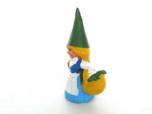 UpperDutch:,Blue dress Gnome figurine with foraging Basket, Gnome after a design by Rien Poortvliet, Brb Gnome, Lisa the Gnome.