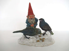 UpperDutch:Gnome,Gnome Statue 'Thomas & Birds' Classic Gnomes figurine. David the gnome feeding birds in the snow. Designed by Rien Poortvliet.