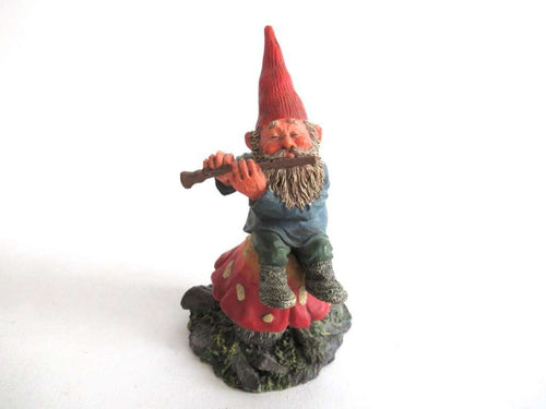 UpperDutch:Gnome,'Mo on Mushroom' after a design by Rien Poortvliet, Gnome on mushroom playing a flute. Classic Gnomes.