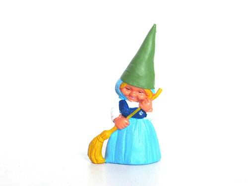 UpperDutch:,Sweeping Gnome figurine blue dress, Gnome after a design by Rien Poortvliet, Brb Gnome with broom, Lisa the Gnome.